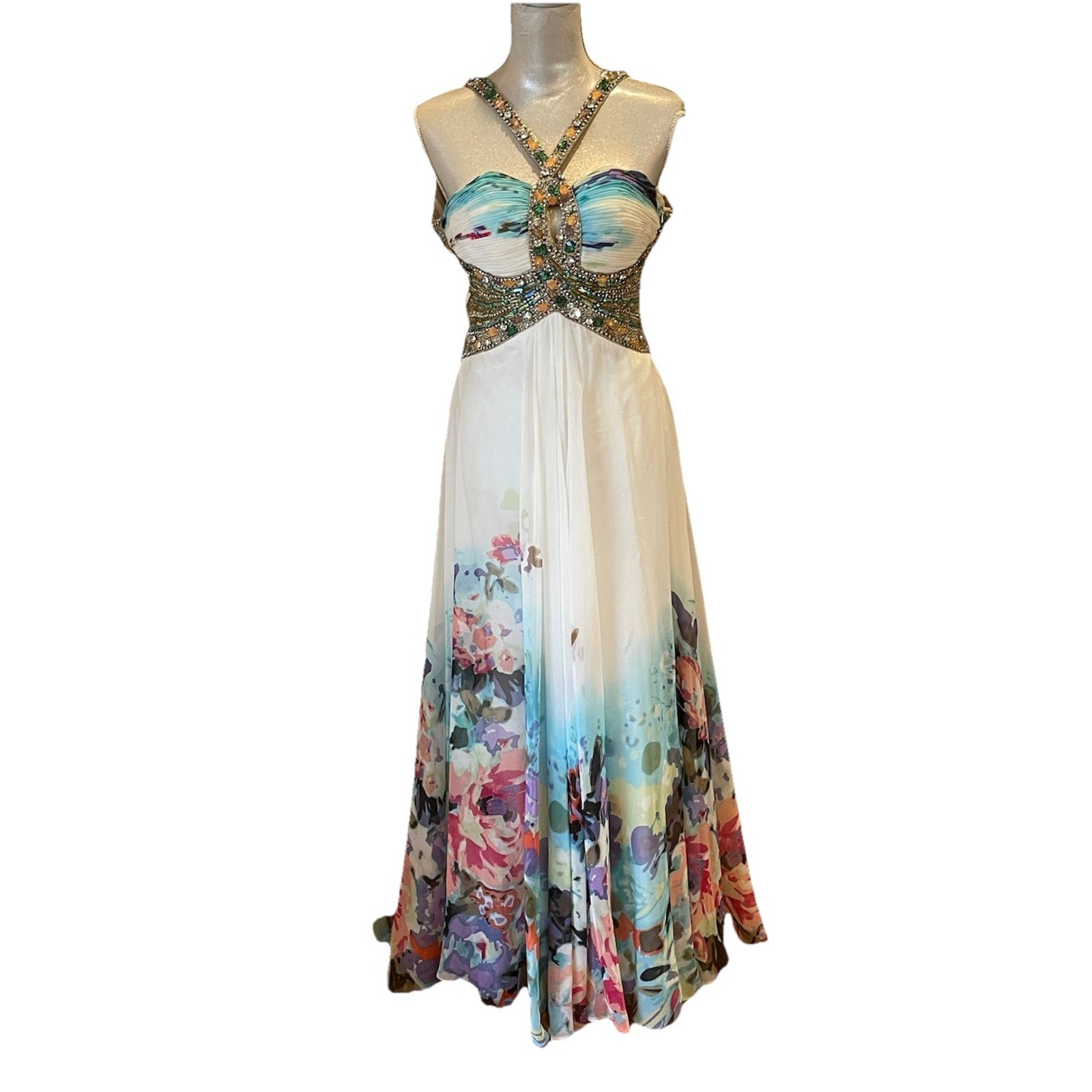 Terani Couture Rhinestone Colorful Floral Halter Neck Prom Or Pageant Gown Sz 0
